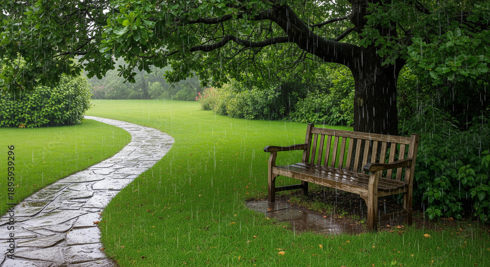 Fototapeta premium Bench chair grassland during rainy day