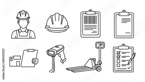 Warehouse Icon Set: An extensive collection of minimalist line-art icons encapsulates the essential elements of a warehouse environment, representing the tools, equipment.