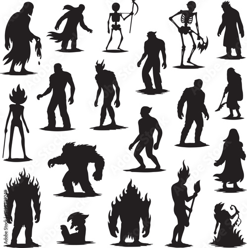 collection of monster and creature silhouettes on white background