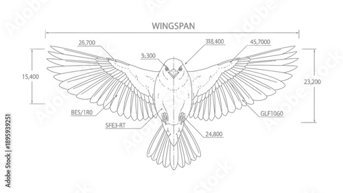 Bird Wing Span Blueprint: Detailed bird wing blueprint with accurate dimensions, presenting a detailed analysis of avian anatomy and flight mechanics.