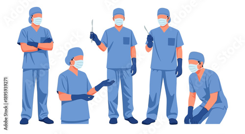 Medical team in blue scrubs working together in a clinical environment from a straightforward viewpoint