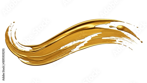 Dynamic golden paint stroke or liquid splash on a white background.