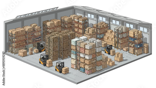 Busy industrial warehouse with forklifts moving goods and stacked inventory.