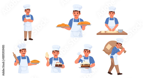 Baker prepares and bakes pastries, standing and working with various ingredients in a bakery environment from multiple viewpoints