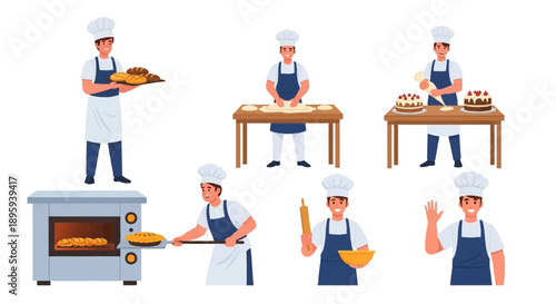 Bakers preparing pastries in a commercial kitchen, showcasing various baking actions from kneading to baking on a white background