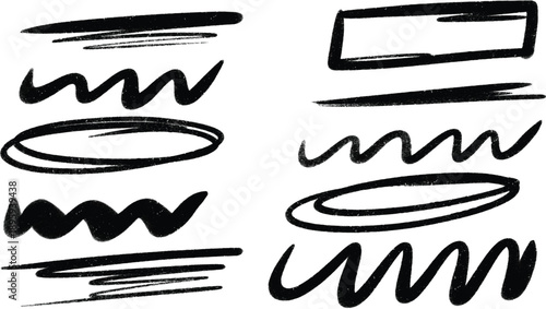 Black marker doodle highlights, rough textured wavy lines, underlines, ovals, rectangles, scribbles, creative hand drawn sketch elements, abstract graphic design accents.