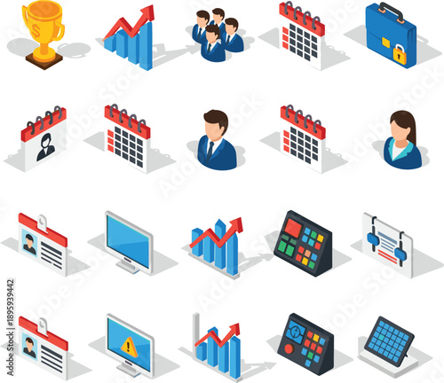Isometric business icons — trophy, graphs, calendars, avatars, monitors, badges, control panels, teamwork, scheduling, productivity, office illustration set