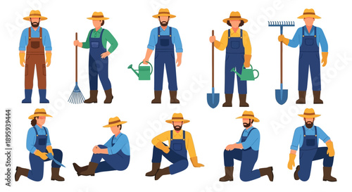 Farmer working in the garden with various gardening tools, standing, kneeling, and performing different tasks from multiple viewpoints.