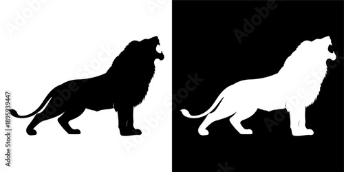 Silhouette of a roaring lion, black and white contrast.