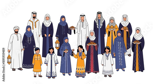 Diverse group of people in traditional clothing standing together in a cultural gathering