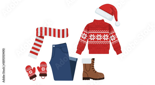Winter clothing and accessories laid out, featuring red sweater, boots, jeans, hat, and mittens in a festive arrangement