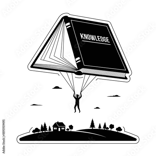 Man paragliding with giant knowledge book parachute over landscape