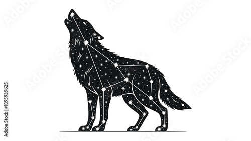 Celestial Wolf: A majestic wolf silhouette, formed with constellations, howls at the night sky, embodying the untamed spirit of the cosmos.