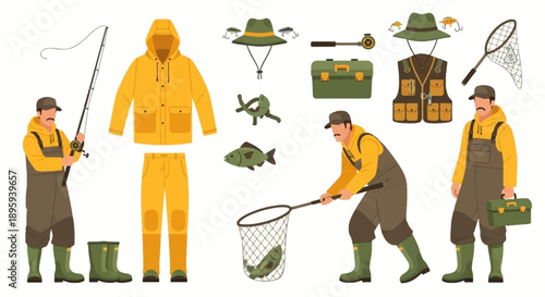 Fishing enthusiasts preparing for a day outdoors, standing together with tackle and gear in a serene natural setting.