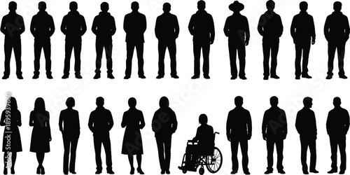 People, silhouettes, diverse, men, women, standing, row, black, white, human, figures, crowd, society, characters, vector, illustration, population, diversity, group, concept