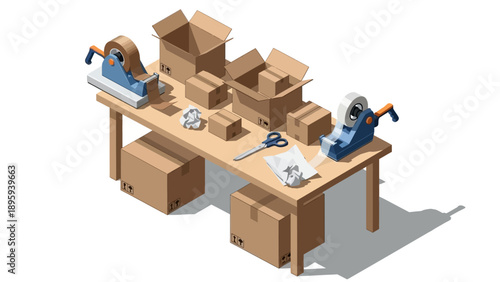 Packing station with boxes, tape dispensers, and scissors