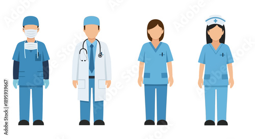 Medical professionals in blue uniforms standing together, front view, healthcare illustration