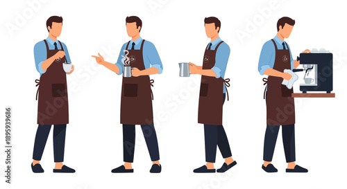 Man in apron performing various tasks with equipment in a workplace environment from different viewpoints
