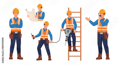Construction workers in safety vests working on a building site from various viewpoints with equipment and ladder