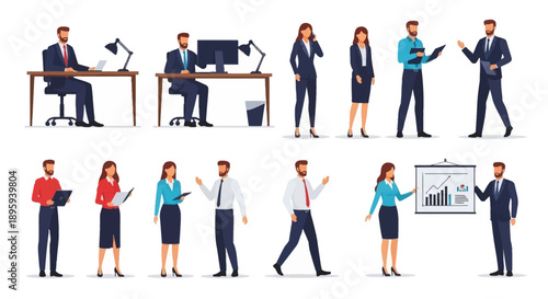 Business professionals interacting in a modern office environment with desktop computers and presentation boards from various viewpoints