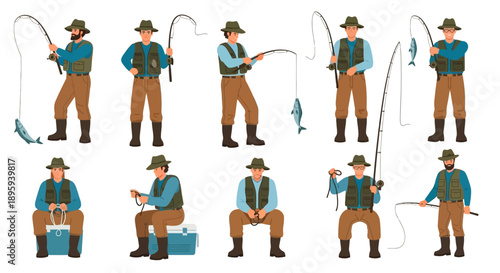 Illustrations of a man fishing in various poses and actions on a serene lake from different viewpoints