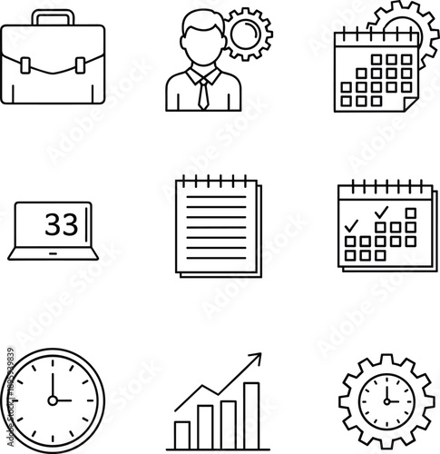 Black-and-white productivity icons — briefcase, calendar, gear, laptop, clock, bar chart, time management, business planning, operations illustration set