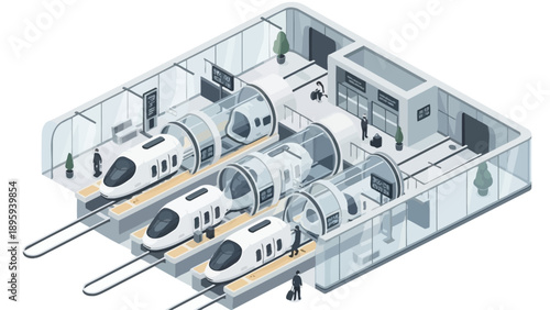 Futuristic train station with high-speed trains in transparent tubes.