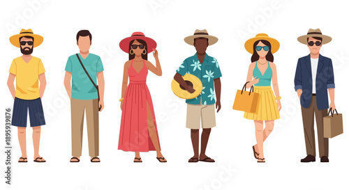 Diverse group of people in summer attire and hats walking together in a line