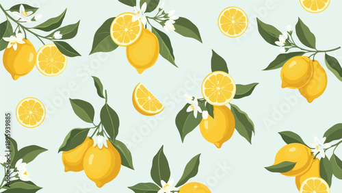 Beautiful seamless pattern of yellow lemons with green leaves and delicate white blossoms on a soft light green background for wallpaper.