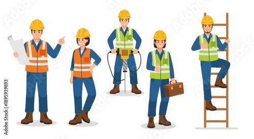 Construction workers in high-visibility vests and helmets working on a site from various viewpoints