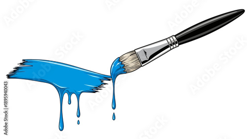 Paintbrush with blue paint stroke and drips on white background