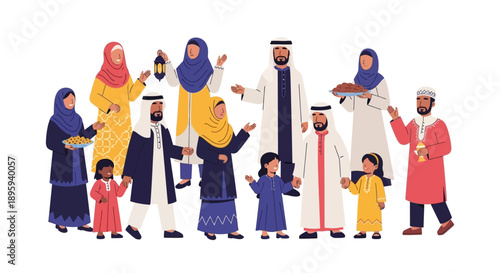 Diverse group of people in traditional clothing standing together and celebrating cultural heritage with joy and happiness in a flat illustration style