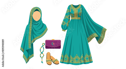 Traditional clothing and accessories ensemble displayed with elegance and cultural flair digitally illustrated