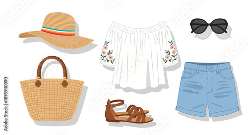 Summer clothing and accessories laid out on a flat surface, including a straw hat, sunglasses, shorts, sandals, and a wicker bag