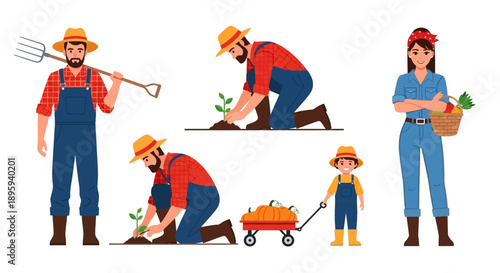 Family gardening together outdoors in various poses and activities