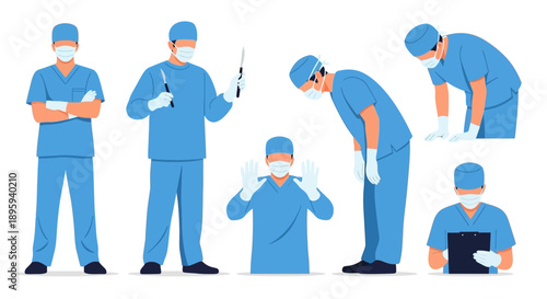Medical professionals working together in various roles and tasks in a healthcare setting illustration