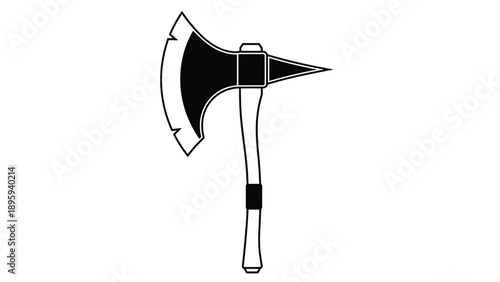 Bold black silhouette of a double-headed battle axe with a sharp spike is illustrated in a strong graphic style on a white background.