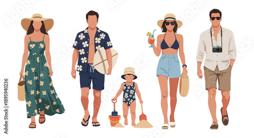 Family of four people walking together on a beach vacation with summer clothing and accessories