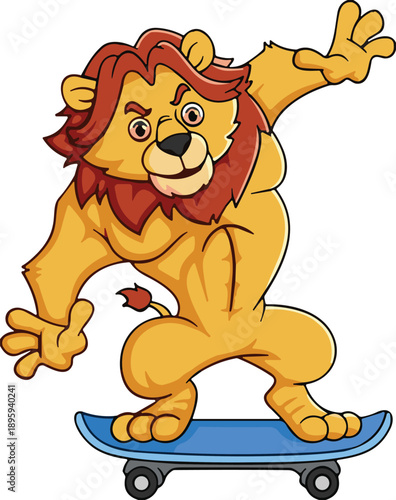 Muscular cartoon lion skateboarding — red mane, blue board, sunglasses, action pose, cool animal character, energetic sports-themed illustration