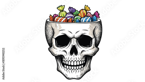 Human skull filled to the brim with various colorful wrapped candies serves as a creative and spooky halloween celebration graphic.