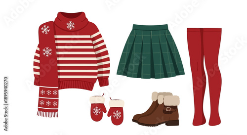 Winter clothing arrangement including sweater, boots, skirt, tights, and mittens on a clean white surface from a direct overhead view