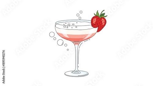 Elegant strawberry cocktail in a glass with bubbles and a fresh fruit garnish is perfect for a summer party or social celebration drink.