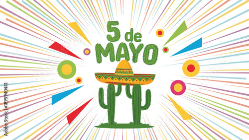 Vibrant Cinco de Mayo celebration graphic featuring two green cacti wearing a large yellow sombrero on a white background.