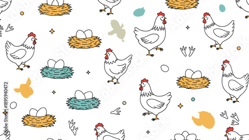 Cute seamless pattern featuring white hens, straw nests with eggs, baby chicks, and footprints on a white background for children themes.