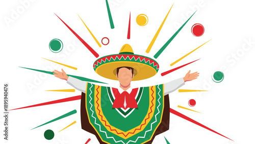 Mexican man wearing a traditional green poncho and large sombrero with his arms open wide in a festive celebration.