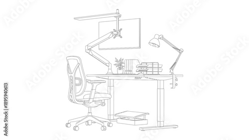 Modern Workspace Design: A sleek and functional office setup with a height-adjustable desk, ergonomic chair, and organized accessories.