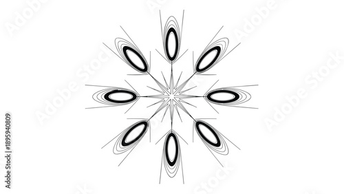 Detailed black and white symmetrical floral ornament featuring multiple leaf and petal patterns arranged in a circle.