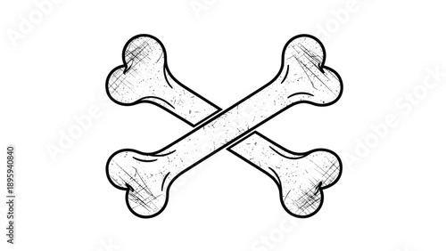 Simple black and white line art illustration of two crossed human bones with a distressed texture on a white background.