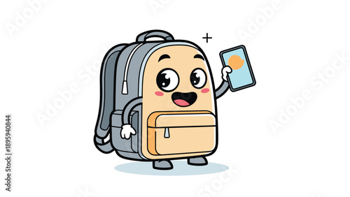 Happy cartoon backpack character holding a smartphone and smiling with large expressive eyes on a white background.