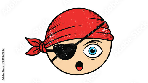 Cute pirate character head with a red bandana and black eye patch looking surprised with his mouth open on white.